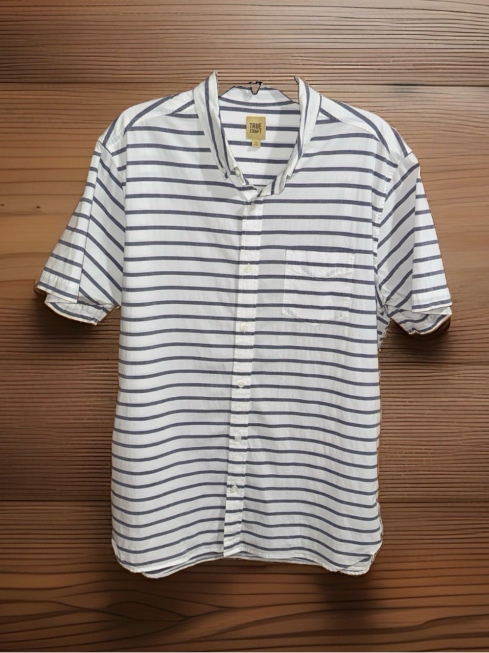 True Craft Men’sWhite&Gray Striped Short-Sleeve Button-Up Shirt-Stretch-XL-EC